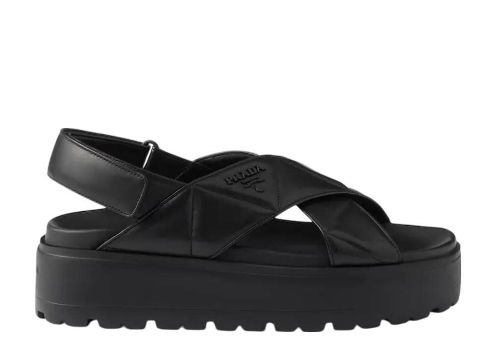 PRADA Women's Nappa Leather Crisscross Flatform Sandals "Black"