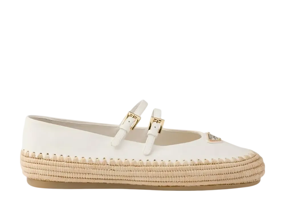 プラダ ウィメンズ ナッパレザーxラフィア バレリーナ "アイボリー"