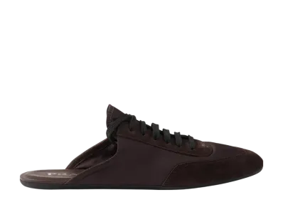 PRADA Women's Collapse Re-Nylon and Suede Mules "Dark Brown"