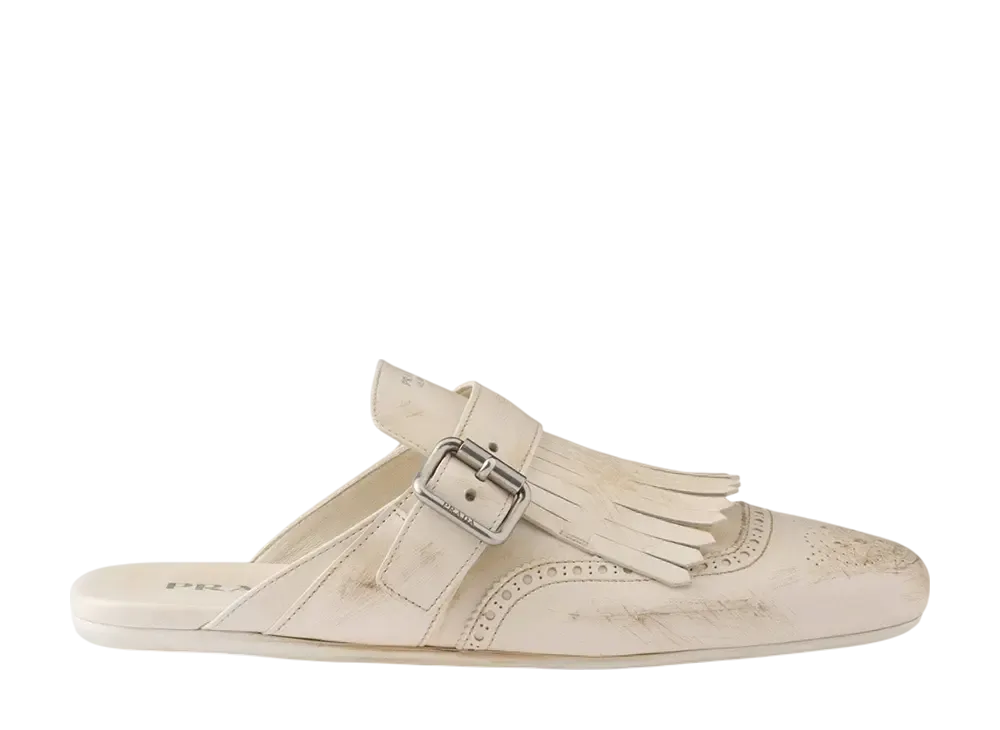 プラダ ウィメンズ シャッフル フリンジ付 レザー ミュール "オフホワイト"