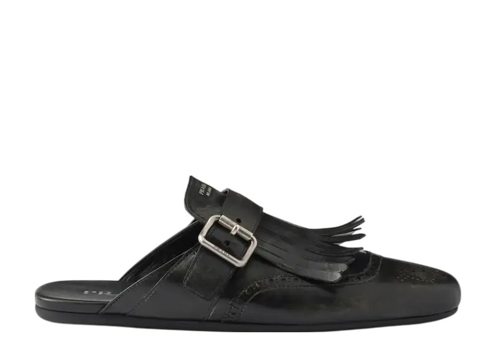 プラダ ウィメンズ シャッフル フリンジ付 レザー ミュール "ブラック"