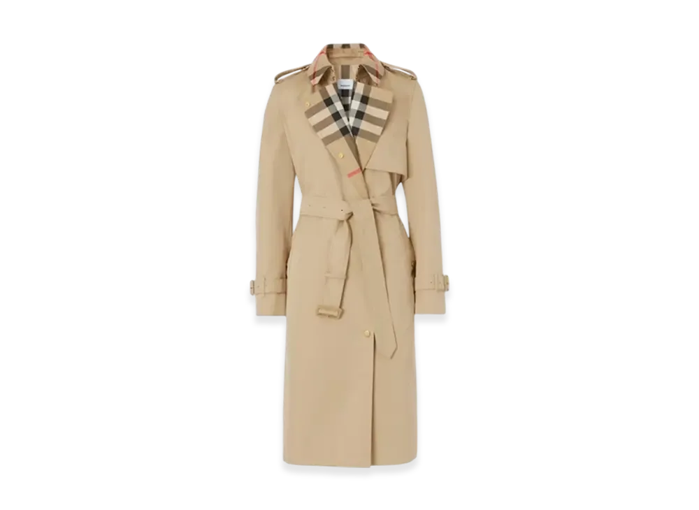 Burberry Long Check Collar Gabardine Trench Coat "Honey"