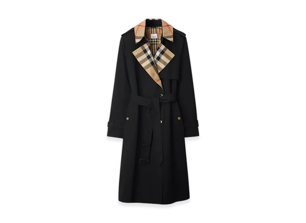 Burberry Long Check Collar Gabardine Trench Coat "Black"