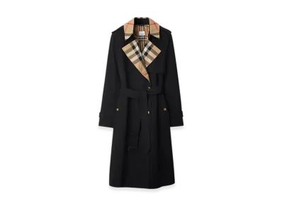 Burberry Long Check Collar Gabardine Trench Coat "Black"