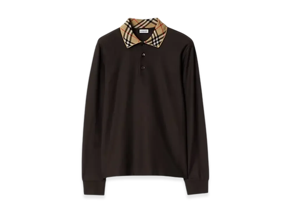 Burberry Long Sleeve Check Collar Cotton Polo Shirt "Clove Brown"