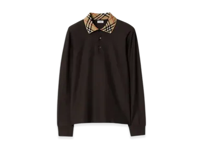 Burberry Long Sleeve Check Collar Cotton Polo Shirt "Clove Brown"