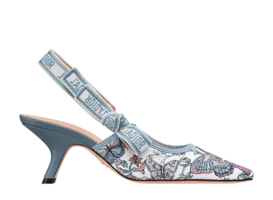 Dior Women's J'Adior Slingback Pumps Toile de Jouy Papillon Embroidered Cotton "White Multi Color"