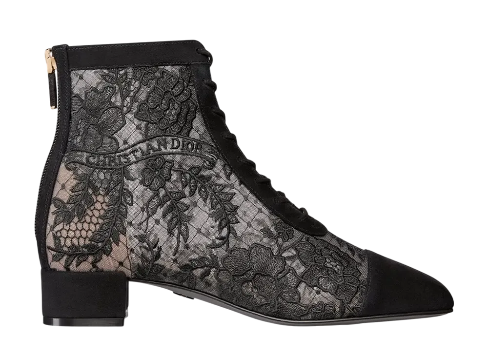 ディオール ウィメンズ ノーティリーディー ヒール ショートブーツ ディオール ローズ エンブロイダリー メッシュ ＆ スウェードゴートスキン "ブラック"