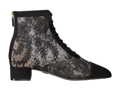 Dior Women's Naughtily-D Heel Short Boots Dior Roses Embroidered Mesh and Suede Goatskin "Black"
