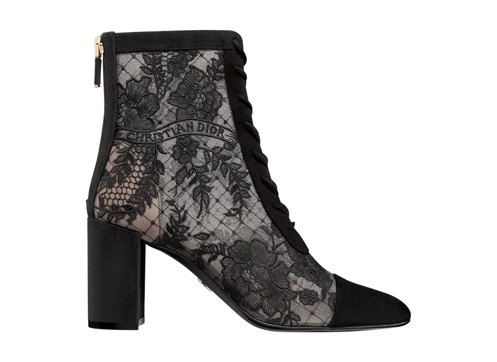ディオール ウィメンズ ノーティリーディー ヒール ショートブーツ ディオール ローズ エンブロイダリー メッシュ & スウェードゴートスキン "ブラック"