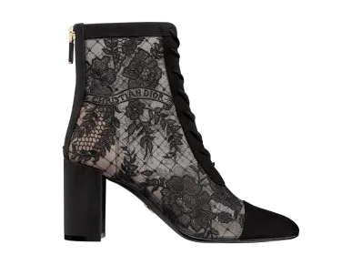 Dior Women's Naughtily-D Heel Short Boots Dior Roses Embroidered Mesh & Suede Goatskin "Black"