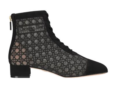 Dior Women's Naughtily-D Heel Short Boots Cannage Embroidered Mesh & Suede Goatskin "Black"