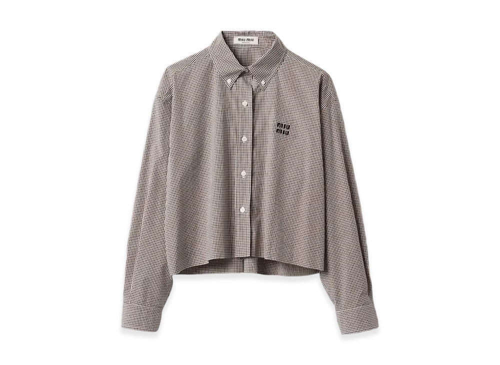 MIU MIU Women's Gingham Check Poplin Shirt "White/Cocoa Brown"