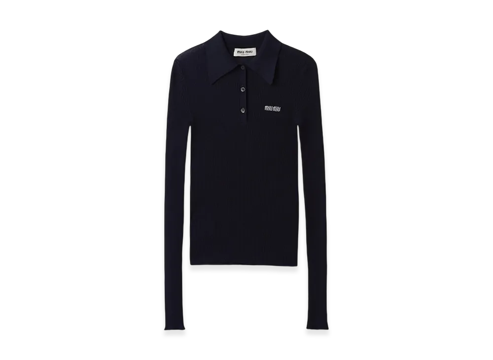 MIU MIU Women's Cashmere and Silk Knit Polo Shirt "Navy"
