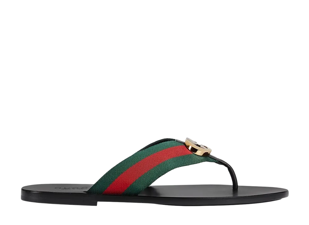 GUCCI Thong Sandal with Web "Black Leather/Green/Red"