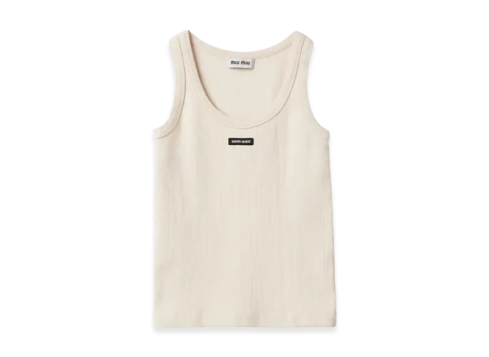 MIU MIU Women's Garment Dyed Ribbed Knit Jersey Top "Natural"