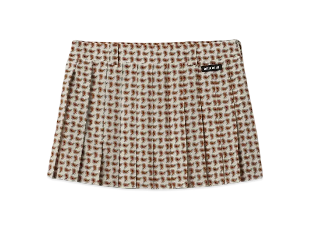 MIU MIU Women's Pleated Paisley Print Marocain Mini Skirt "Avory/Orange"