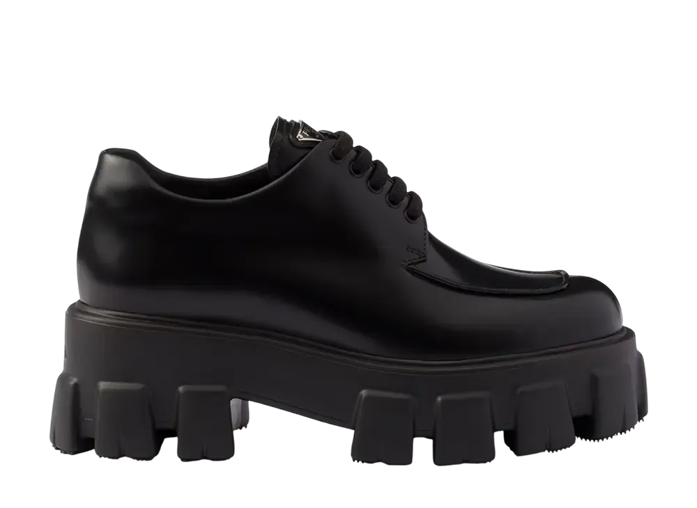 プラダ ウィメンズ モノリス ブラッシュドレザー レースアップ シューズ "ブラック"