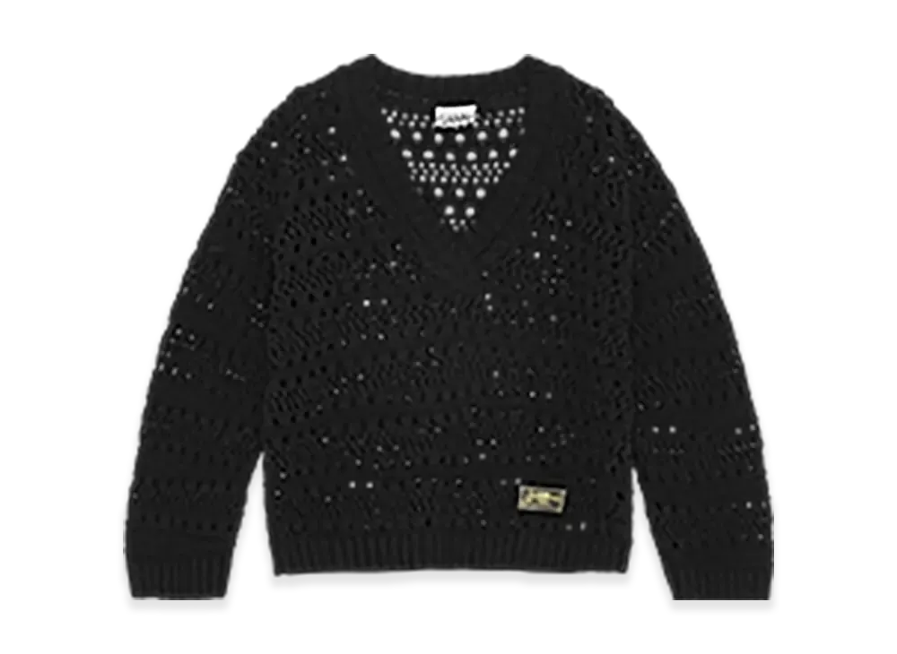 GANNI Black Crochet V-Neck Jumper "Black"