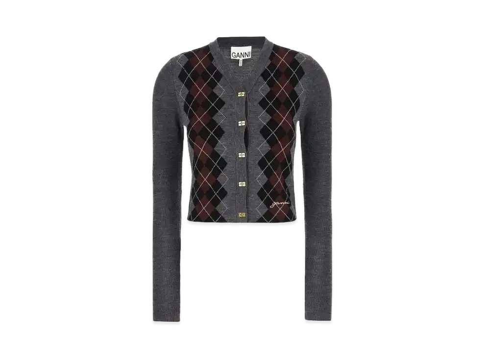 GANNI Fine Merino Jacquard Cardigan "Frost Grey"