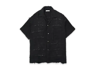 YOKE Fringe Check Tweed Open Collar Shirt "Black"