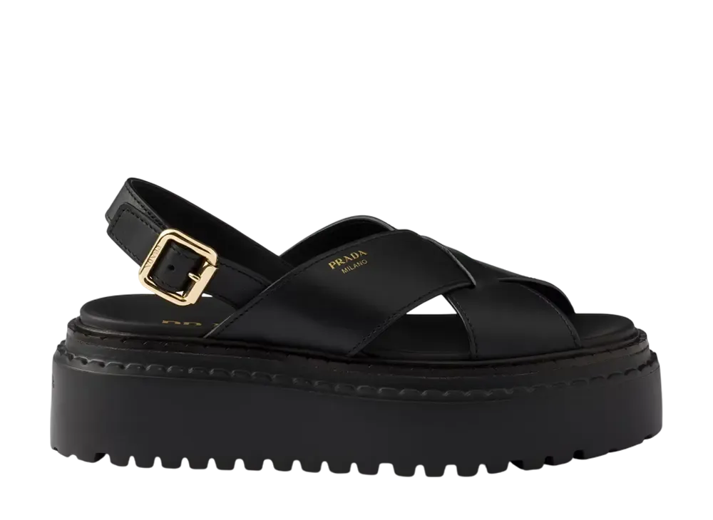【日本入手困難】プラダ Leather crisscross slides サンダル Black Saffiano Leather Crisscross Slides | PRADA