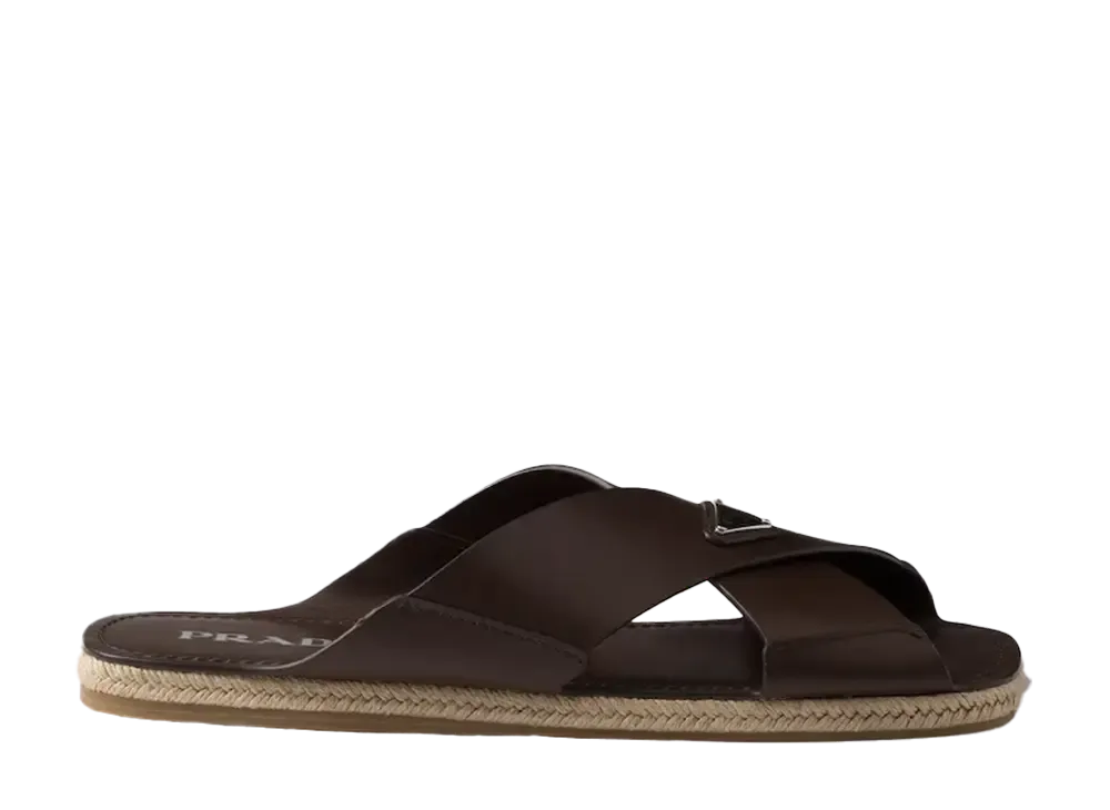 プラダ レザー クリスクロス スライドサンダル "ダークブラウン"