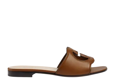 GUCCI Women's Interlocking G Cut Out Slide Sandal "Brown Leather"