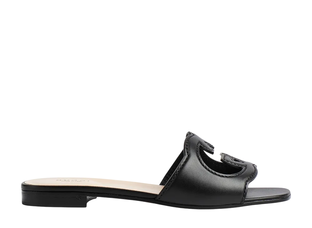 グッチ ウィメンズ インターロッキングG カットアウト スライドサンダル "ブラックレザー"