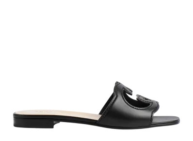 GUCCI Women's Interlocking G Cut Out Slide Sandal "Black Leather"