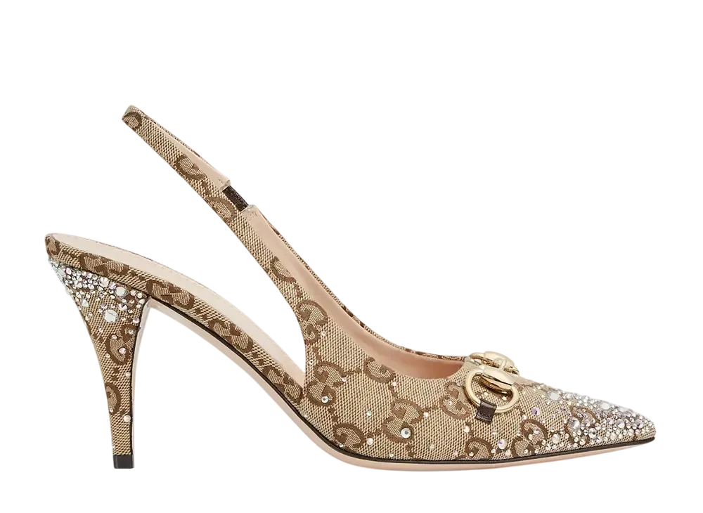 GUCCI Women's Slingback Pump with Crystal Horsebit "Beige/Dark Brown"