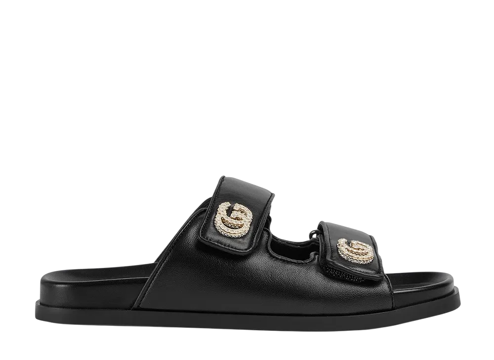 グッチ ウィメンズ サンダル クリスタル ダブルG付き "ブラックレザー"