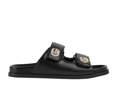 GUCCI Women's Sandal with Crystal Double G "Black Leather"