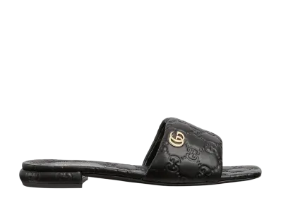 GUCCI Women's Slide Sandal with Crystal Double G "Black Leather"