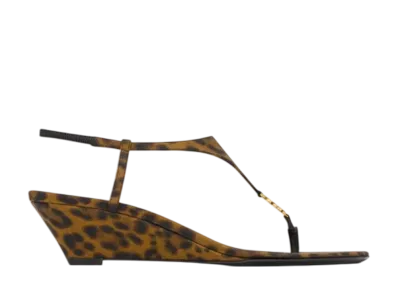 Saint Laurent Women's Cassandre Wedge Sandals Leopard Grosgrain "Manto Naturale"