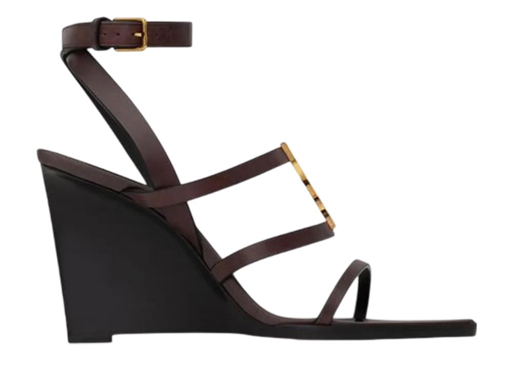 サンローラン ウィメンズ カサンドラ ウェッジサンダル スムースレザー "ウルトラダークブラウン"