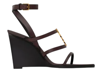 Saint Laurent Women's Cassandre Wedge Sandals Smooth Leather "Ultra Dark Brown"