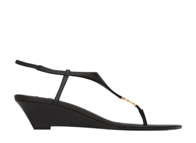 Saint Laurent Women's Cassandre Wedge Sandals Smooth Leather "Noir"