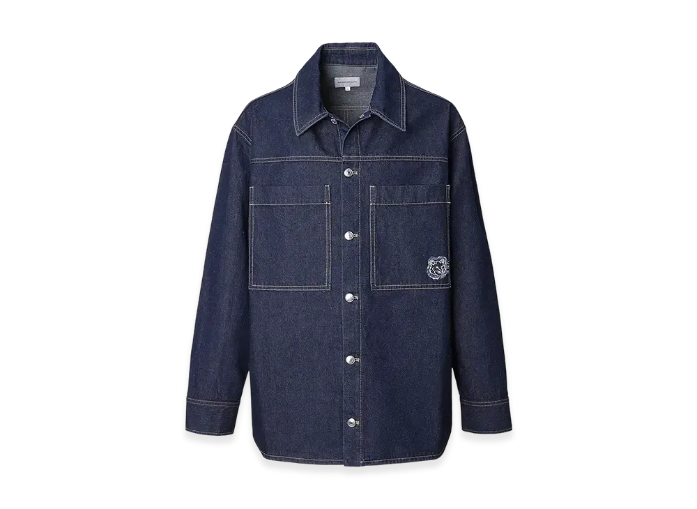 Maison Kitsune Workwear Overshirt In Washed Denim With Fox Head Patch "Washed Indigo"