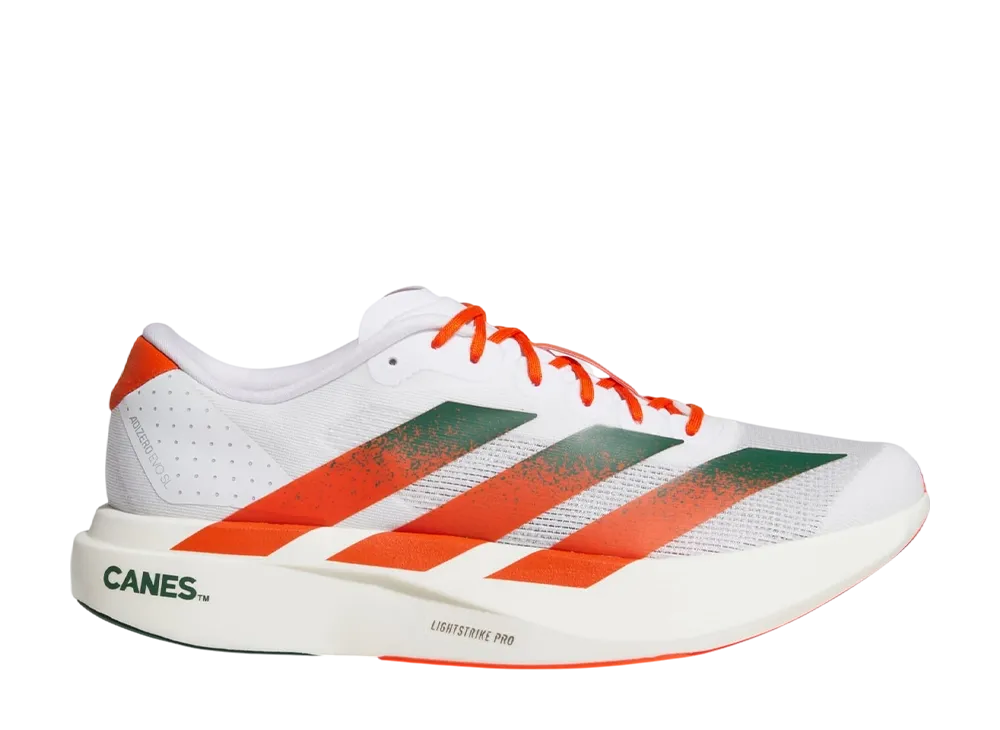 マイアミハリケーンズ × アディダス アディゼロ エヴォ SL "クラウドホワイト/ダークグリーン/カレッジオレンジ"