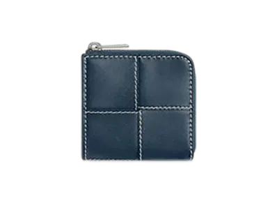 Bottega Veneta Cassette Square Compact Zip Around Wallet "Deep Blue/Natural"