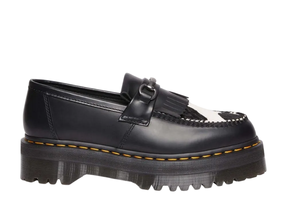 Dr.Martens Adrian Snaffle Hair-On Leather Cow Print Kiltie Loafer "Black"