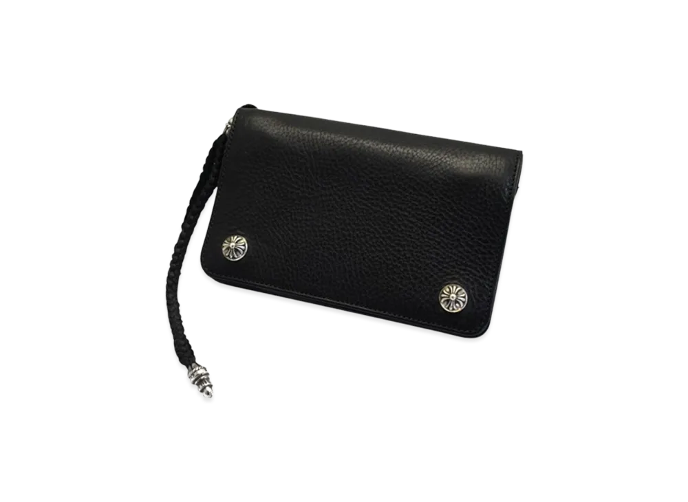 クロムハーツ 2ジップ ウォレット クロスボタン ストラップ ブラックレザー "ブラック"