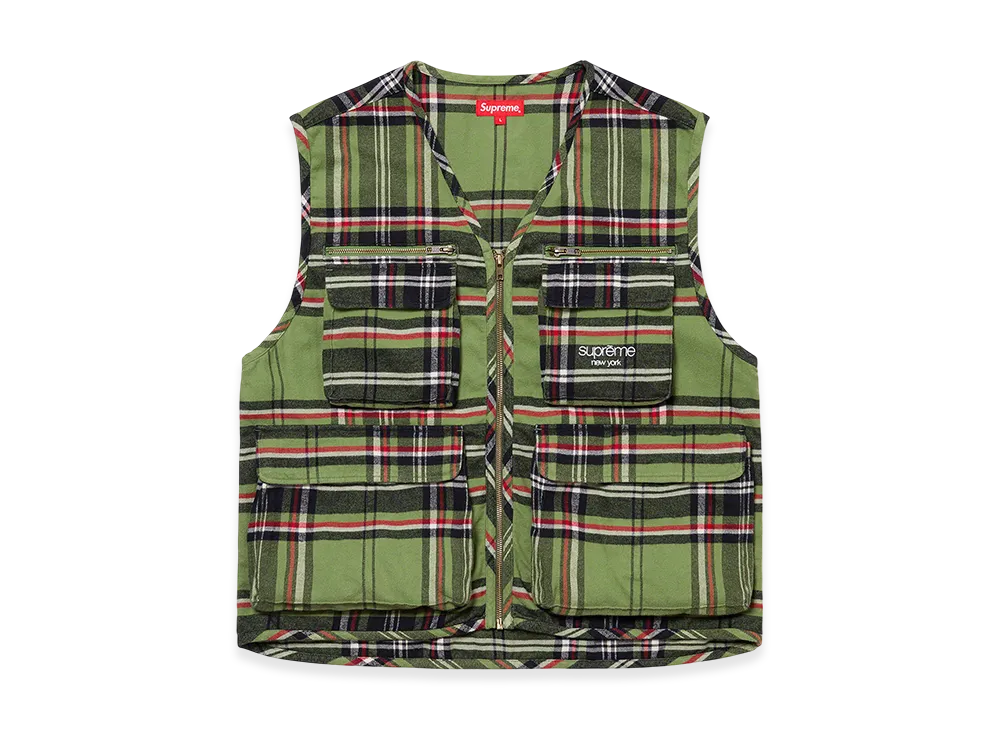 シュプリーム タータンフランネル カーゴベスト "グリーン"