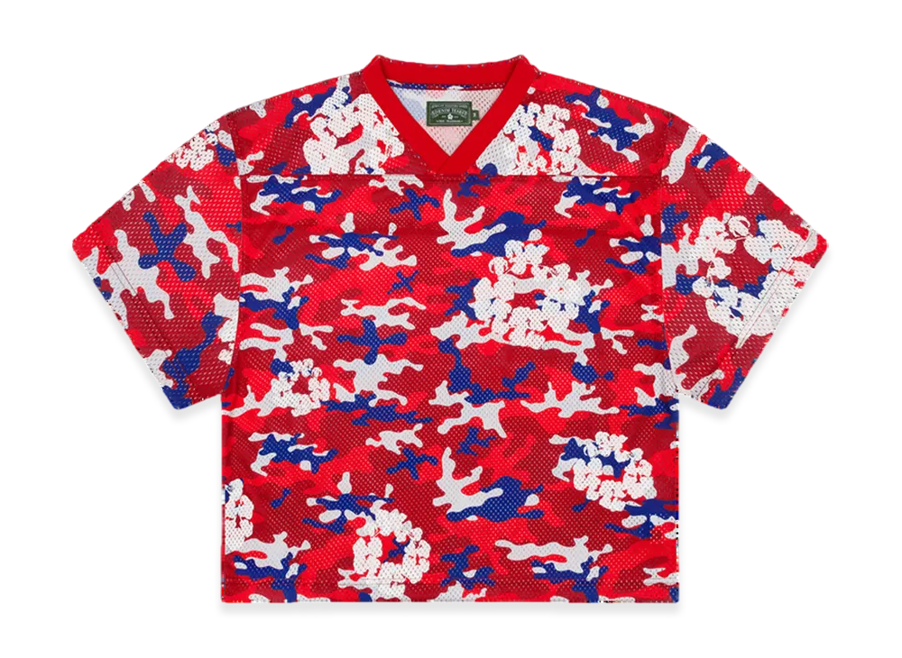 DENIM TEARS Camo Cotton Wreath Mesh Football Top "Red"