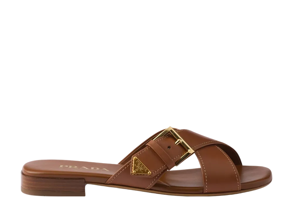 プラダ ウィメンズ レザーxバックル クリスクロス スライドサンダル "ブラウン"