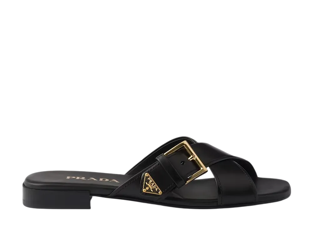 プラダ ウィメンズ レザーxバックル クリスクロス スライドサンダル "ブラック"