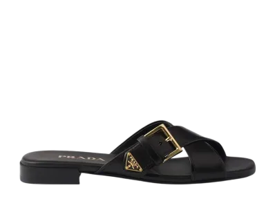 PRADA Women's Leather Crisscross Slides With Buckle "Black"