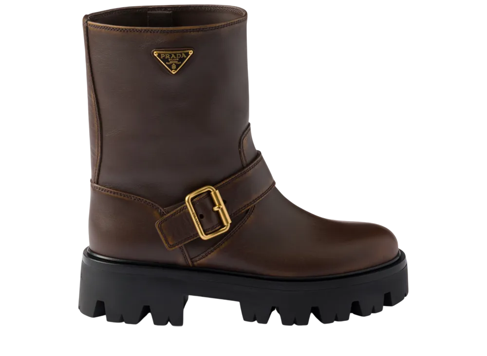 プラダ ウィメンズ レザー ブーティー "ダークブラウン"