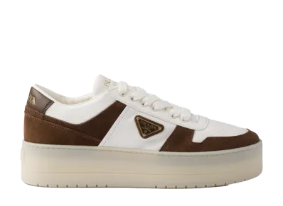 PRADA Women's Downtown Bold Nappa Leather And Suede Sneakers "Dark Brown"